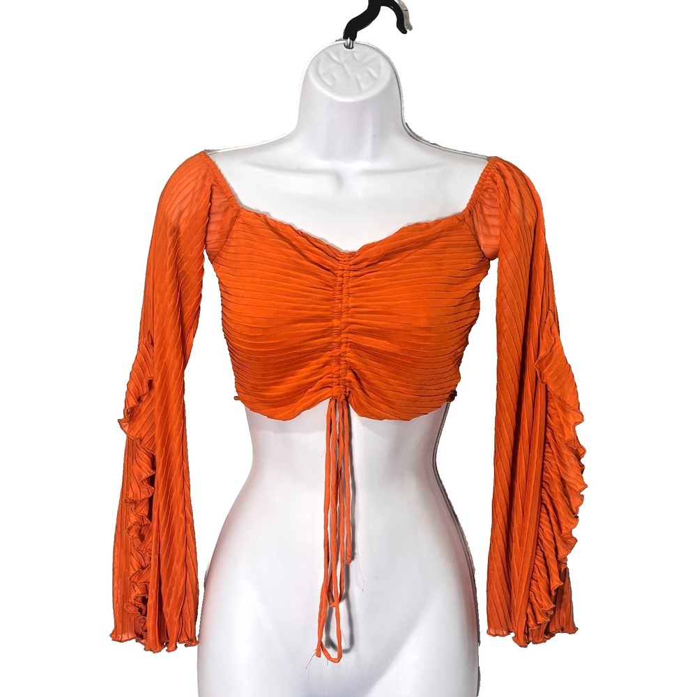 Zara Ruched Crop Top Size M Off Shoulder Bell Sleeve Boho Festival Euro Summer